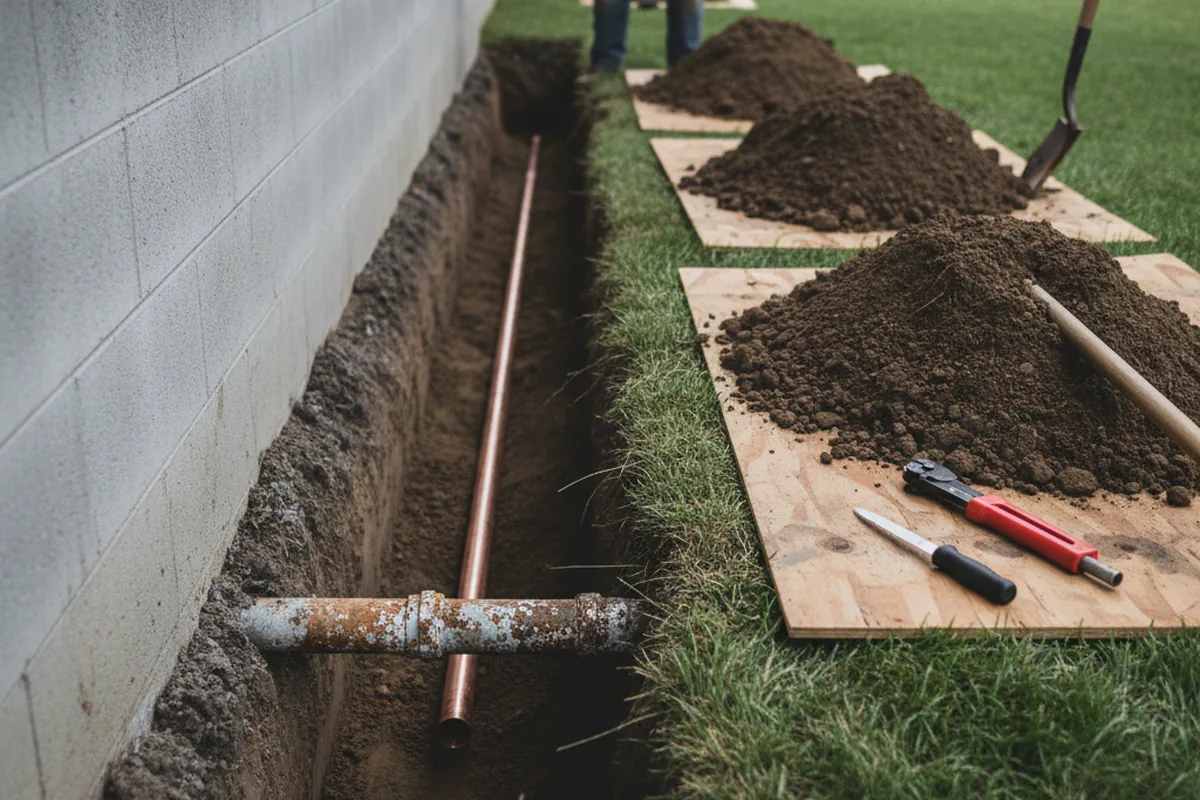 Excavated water line trench during Sewer Line Repair in Crompond